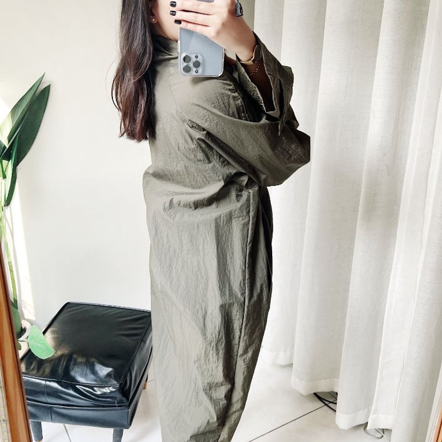 軍綠抓皺素面寬鬆排釦 古董極薄質風衣外套 dustcoat jacket-5