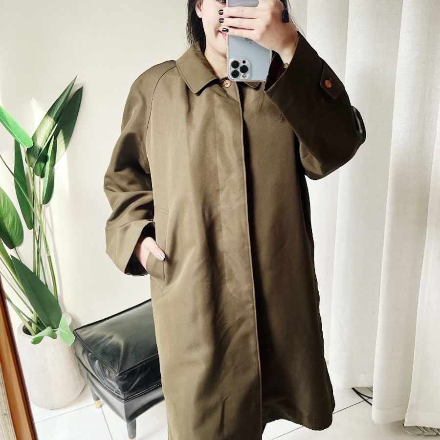 橄欖綠素面經典可拆毛料 古董雙層厚料風衣外套 dustcoat jacket-1