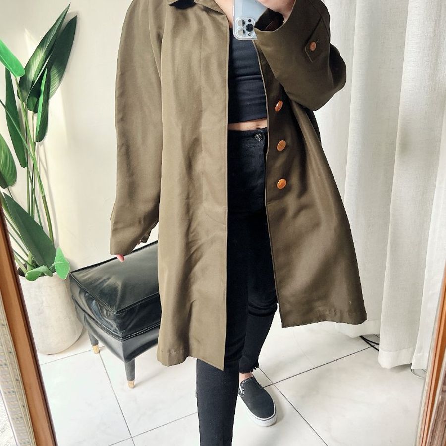橄欖綠素面經典可拆毛料 古董雙層厚料風衣外套 dustcoat jacket-2
