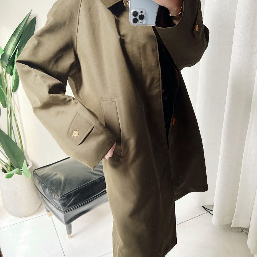 橄欖綠素面經典可拆毛料 古董雙層厚料風衣外套 dustcoat jacket-3
