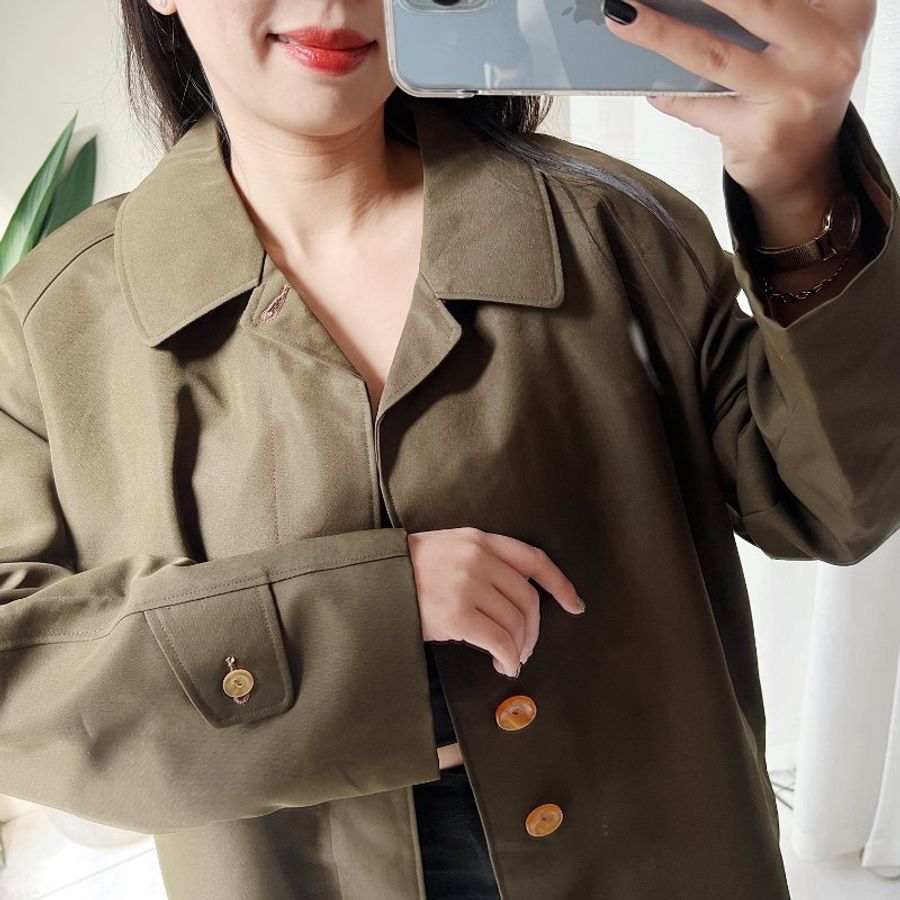 橄欖綠素面經典可拆毛料 古董雙層厚料風衣外套 dustcoat jacket-5
