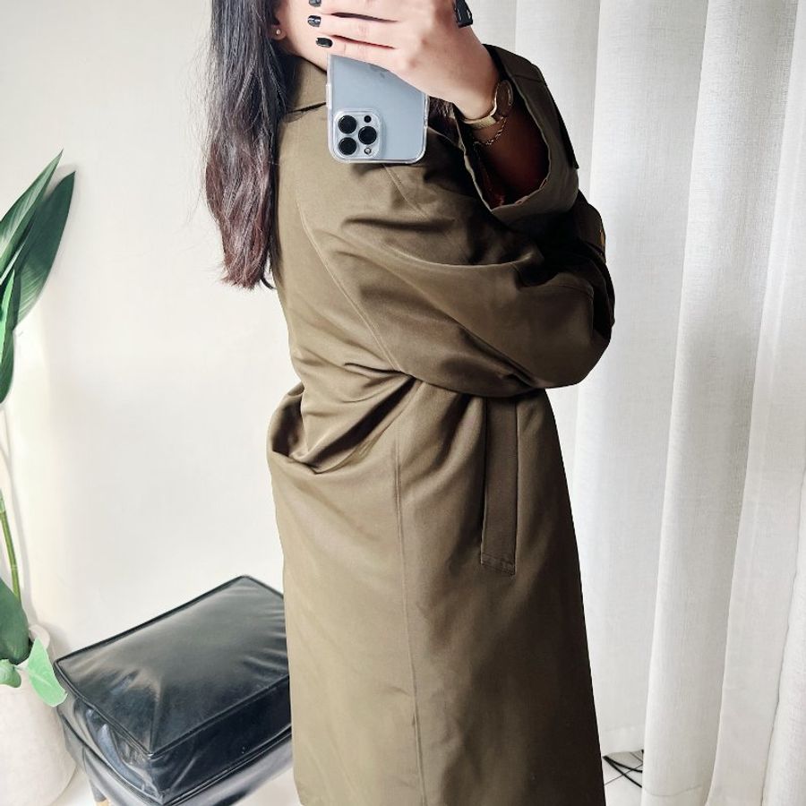 橄欖綠素面經典可拆毛料 古董雙層厚料風衣外套 dustcoat jacket-9