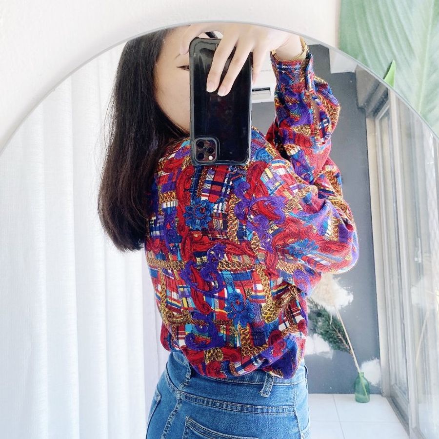 紅藍紫華麗鎖鏈華麗寬鬆 古著絲襯衫上衣vintage Shirt oversize-6