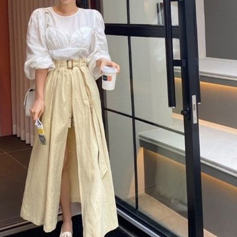 #韓國米杏色假兩件式氣質闊腿長裙-0