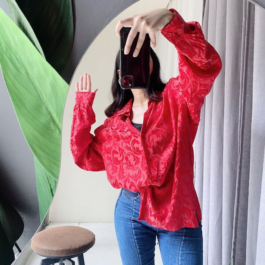 正紅色金屬圖騰刺繡光感 古著絲滑亮面襯衫上衣罩衫vintage Shirt-7