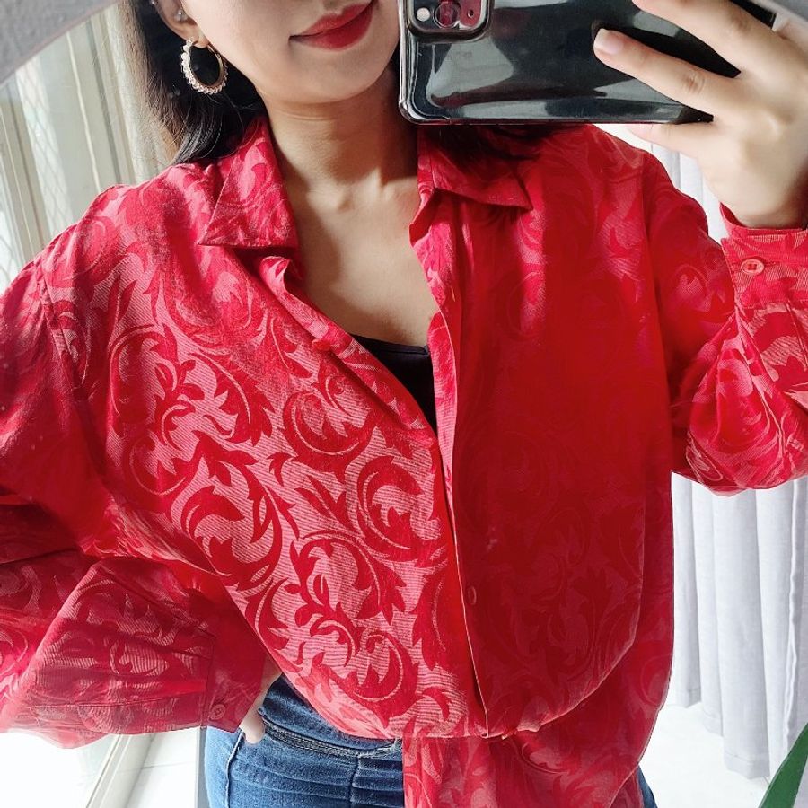 正紅色金屬圖騰刺繡光感 古著絲滑亮面襯衫上衣罩衫vintage Shirt-8