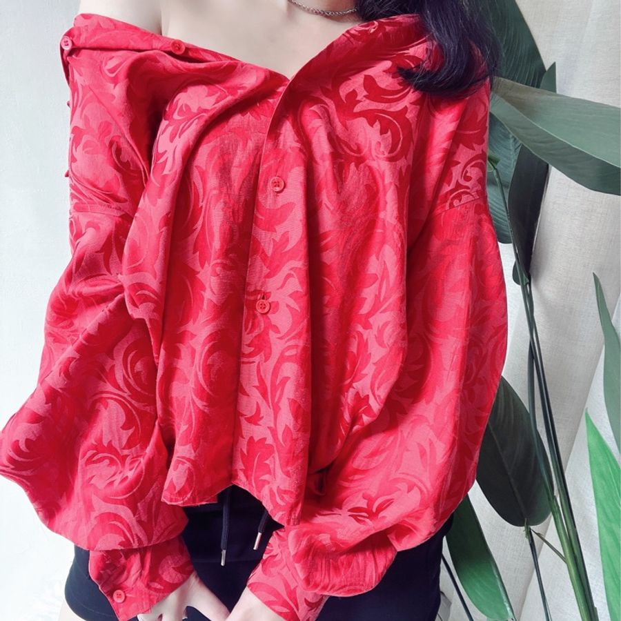 正紅色金屬圖騰刺繡光感 古著絲滑亮面襯衫上衣罩衫vintage Shirt-4