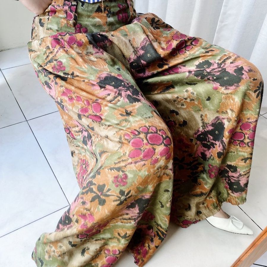 土黃嫩綠打褶寬版大A字褲管 古著薄料棉質長褲寬褲 pants vintage-5