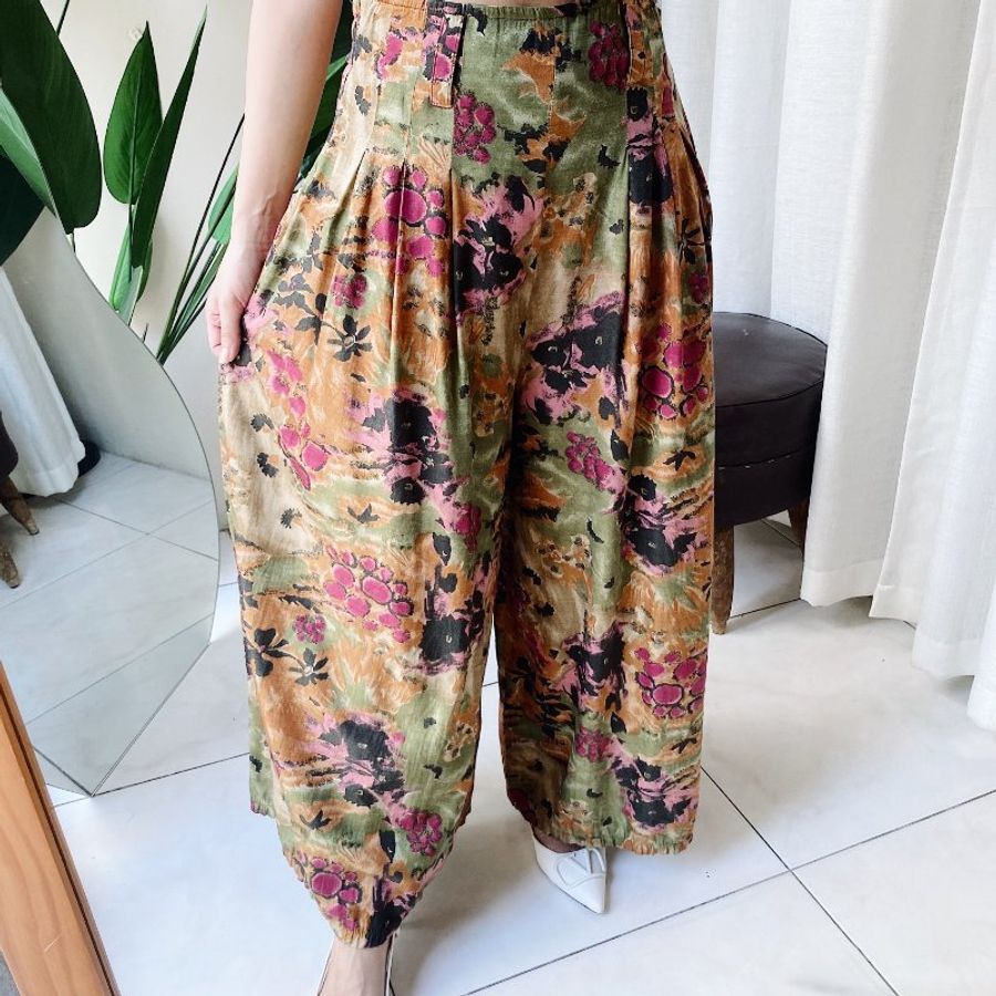 土黃嫩綠打褶寬版大A字褲管 古著薄料棉質長褲寬褲 pants vintage-6