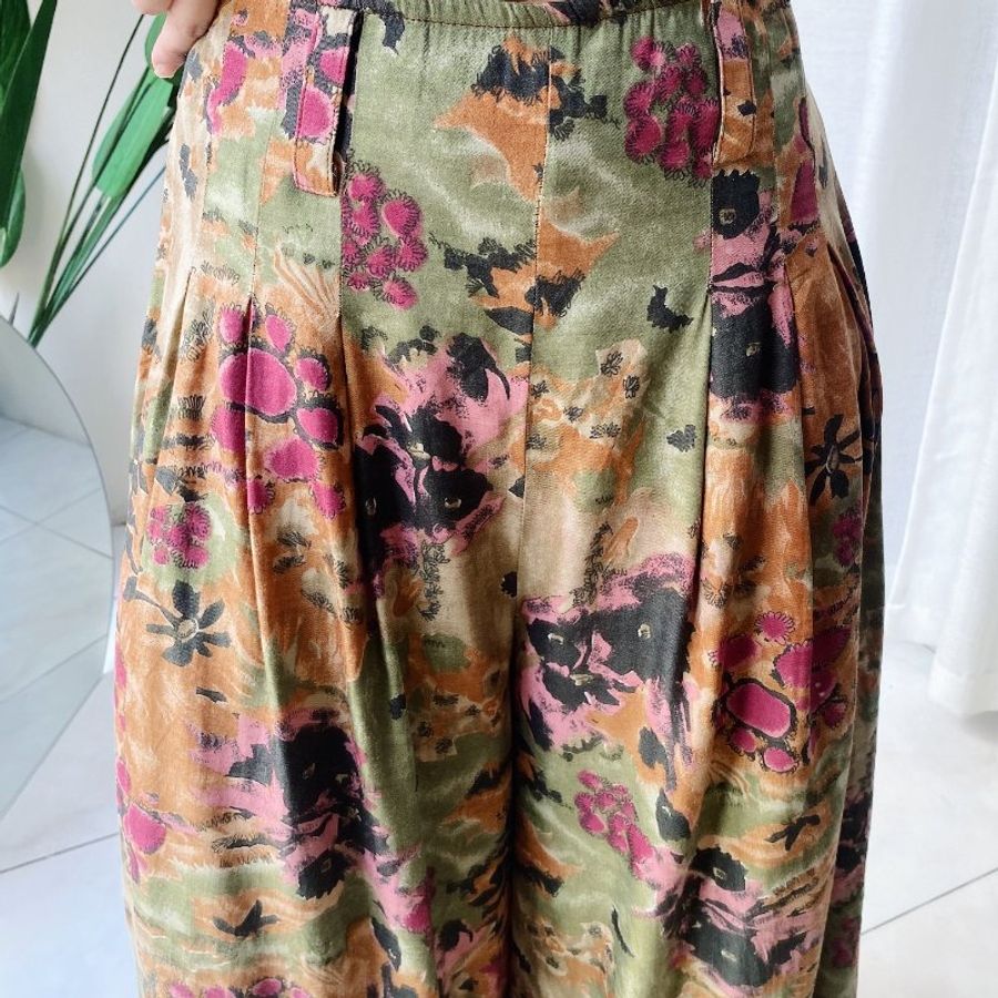 土黃嫩綠打褶寬版大A字褲管 古著薄料棉質長褲寬褲 pants vintage-7