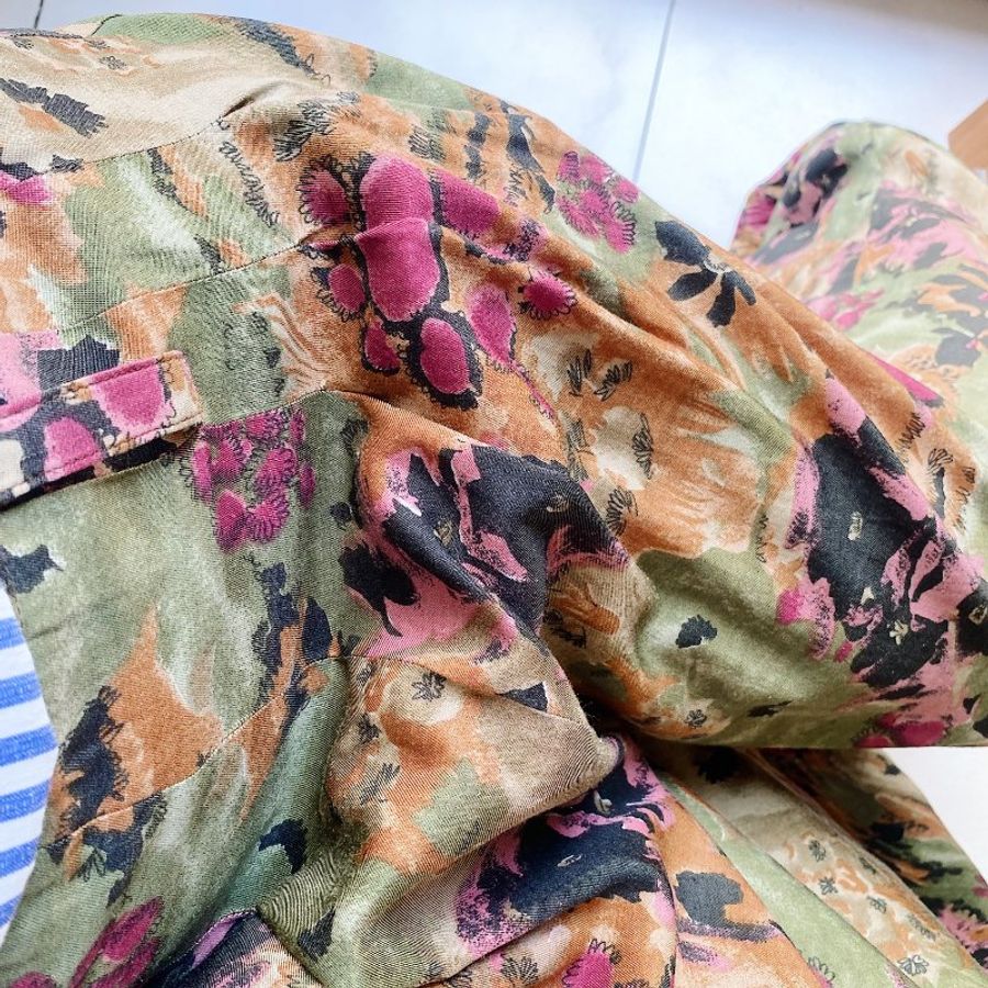 土黃嫩綠打褶寬版大A字褲管 古著薄料棉質長褲寬褲 pants vintage-10