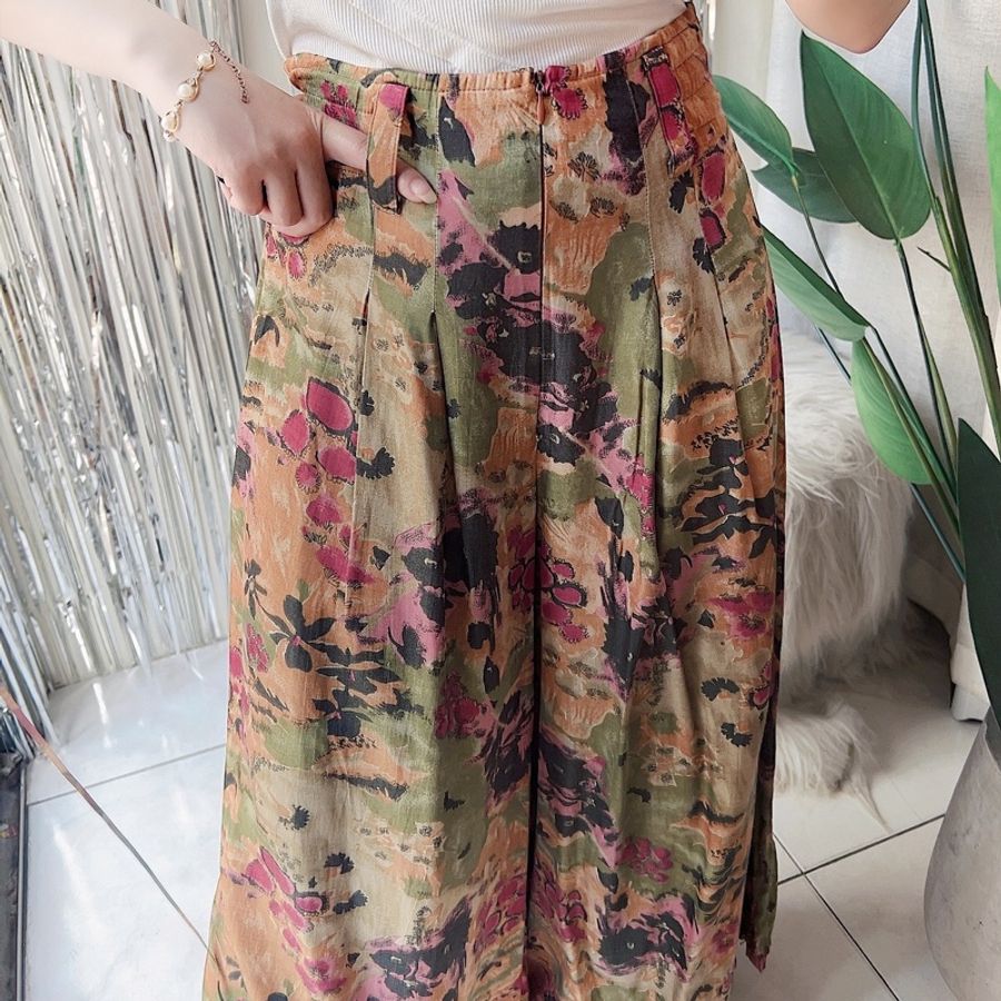 土黃嫩綠打褶寬版大A字褲管 古著薄料棉質長褲寬褲 pants vintage-1