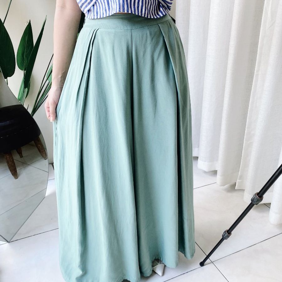 湖水綠青澀大A字布面微光澤 古著棉混絲長褲寬褲 pants vintage-5