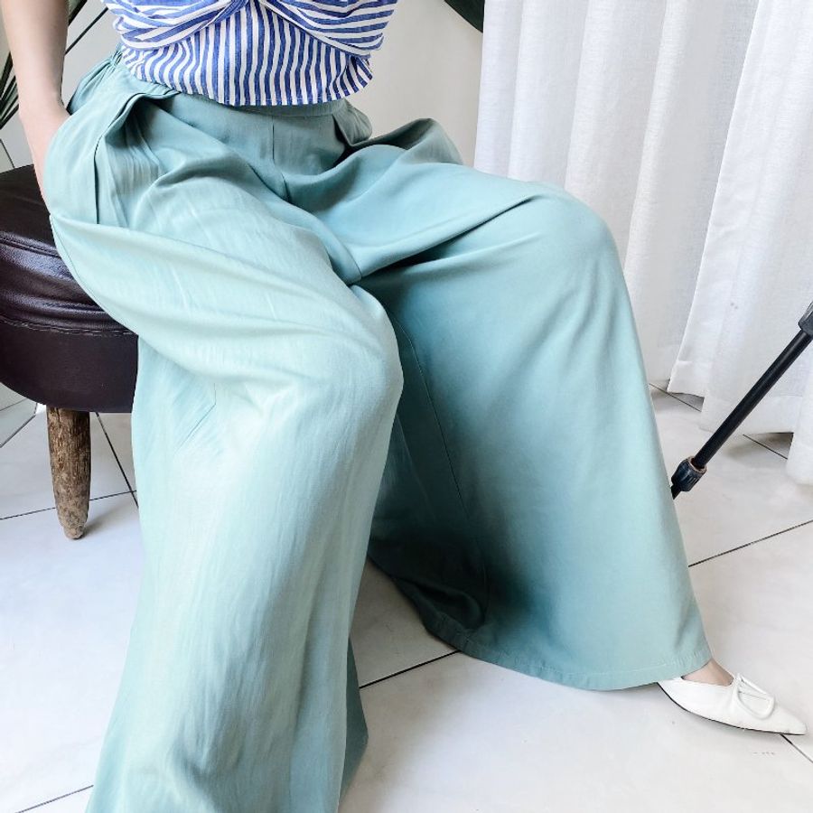 湖水綠青澀大A字布面微光澤 古著棉混絲長褲寬褲 pants vintage-6