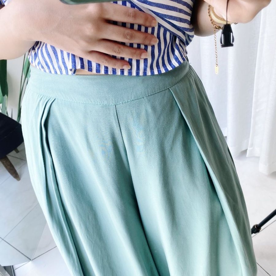 湖水綠青澀大A字布面微光澤 古著棉混絲長褲寬褲 pants vintage-7