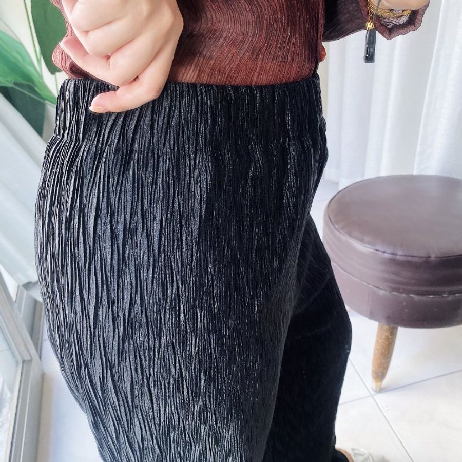 黑金閃閃捲捲褲管戀愛時光 古著紡紗壓紋長褲寬褲 pants vintage-8