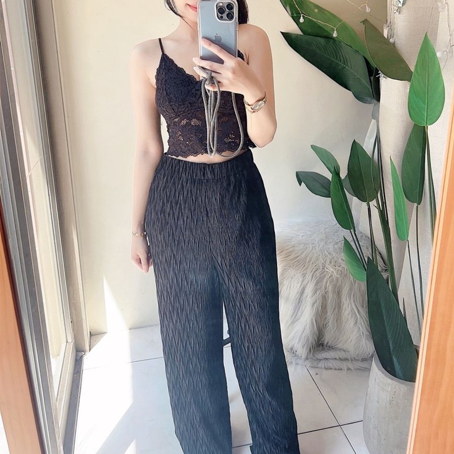 黑金閃閃捲捲褲管戀愛時光 古著紡紗壓紋長褲寬褲 pants vintage-5