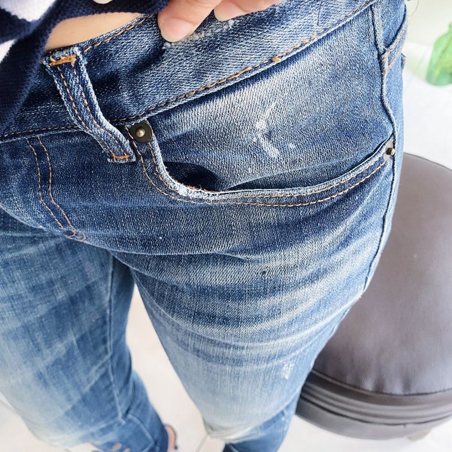 經典藍潑墨釦式造型 牛仔褲款刷色長褲窄管小喇叭褲pants vintage-6