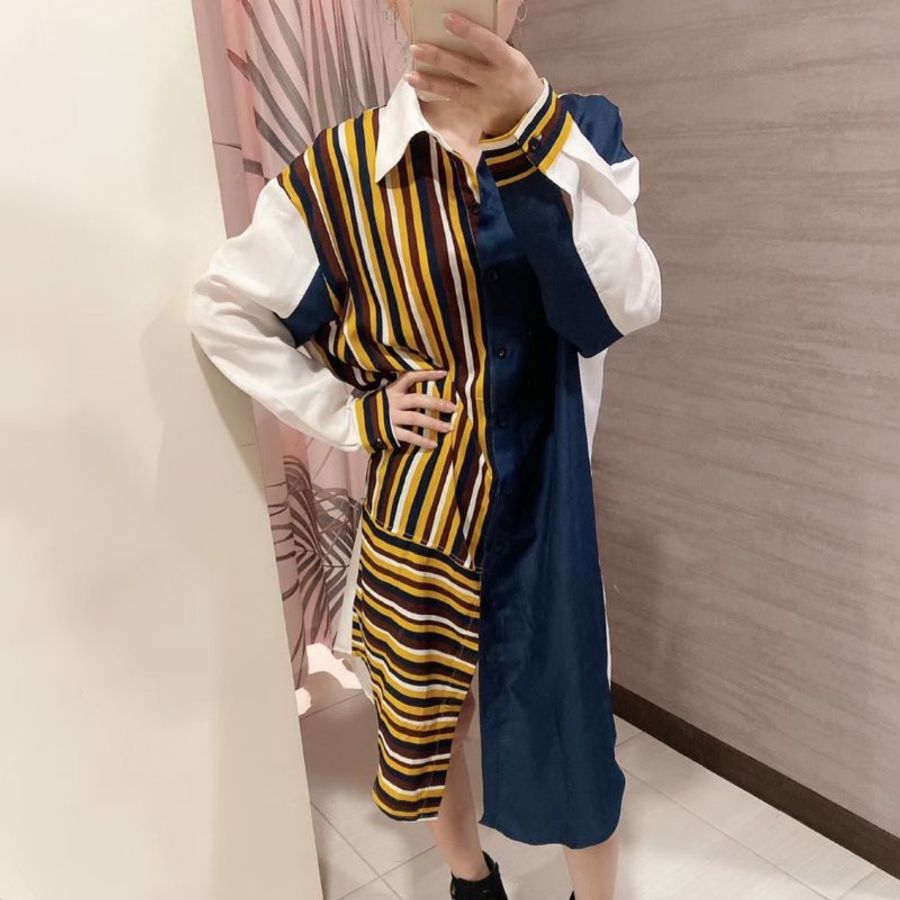 #韓國設計款條紋撞色拼接長板襯衫洋裝-0