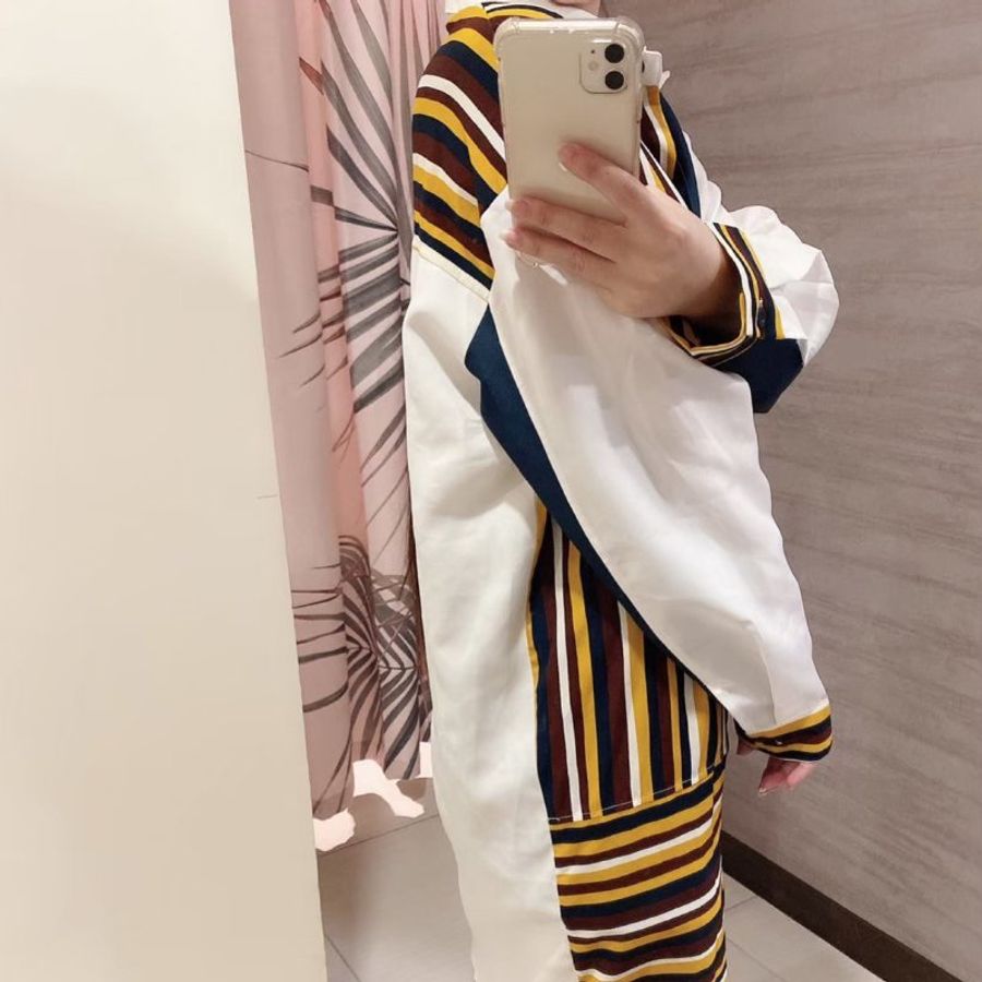 #韓國設計款條紋撞色拼接長板襯衫洋裝-1