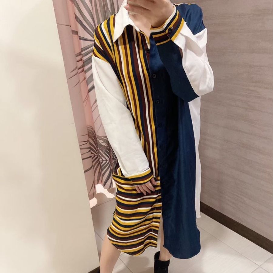 #韓國設計款條紋撞色拼接長板襯衫洋裝-2