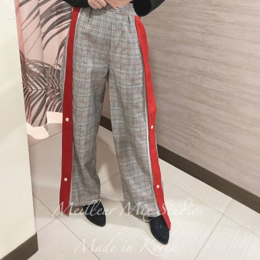 #韓國設計款格紋側開岔高腰顯瘦闊腿褲-1
