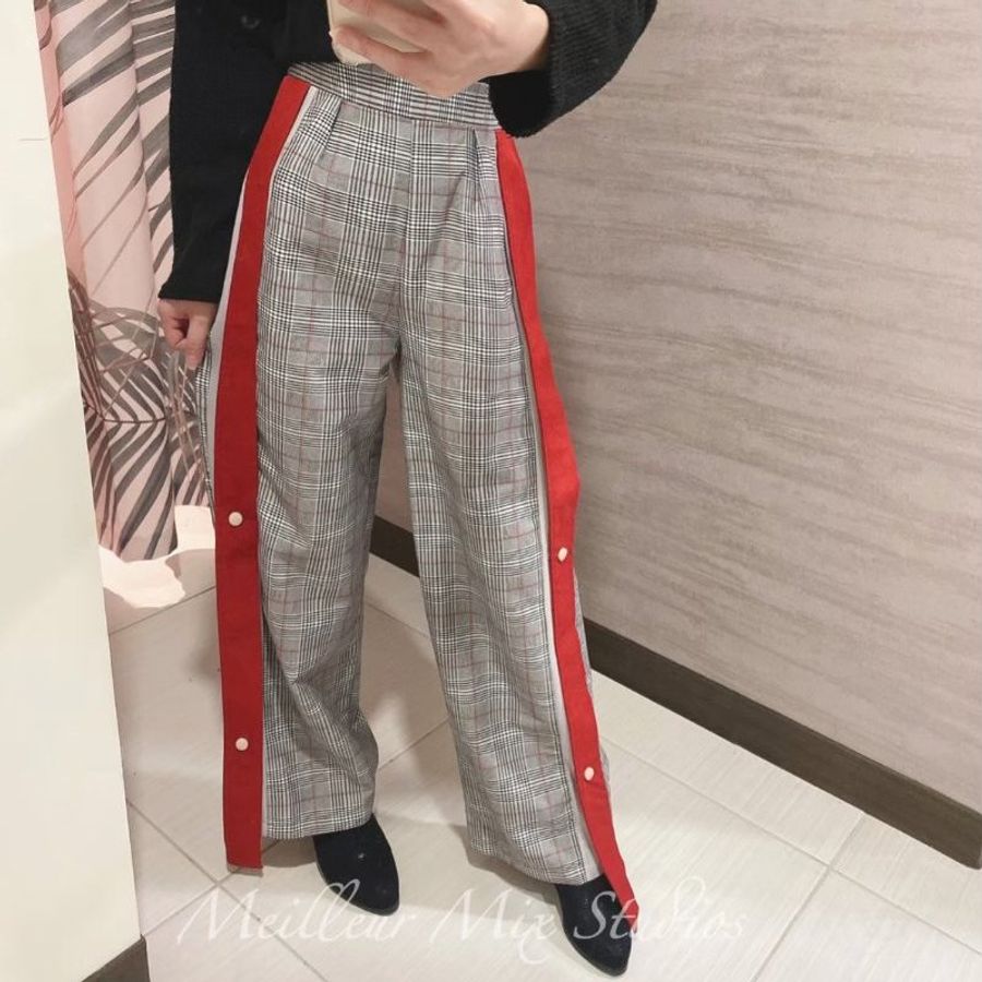 #韓國設計款格紋側開岔高腰顯瘦闊腿褲-4