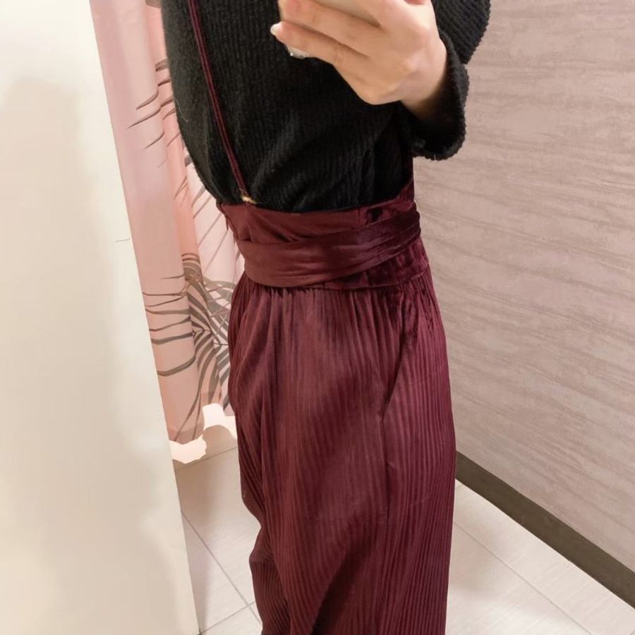 ＃復古風韓國設計款酒紅絲絨坑條吊帶闊腿褲-2