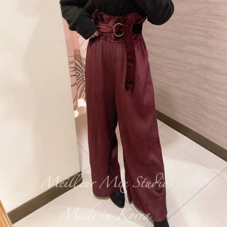 ＃復古風韓國設計款酒紅絲絨坑條吊帶闊腿褲-6