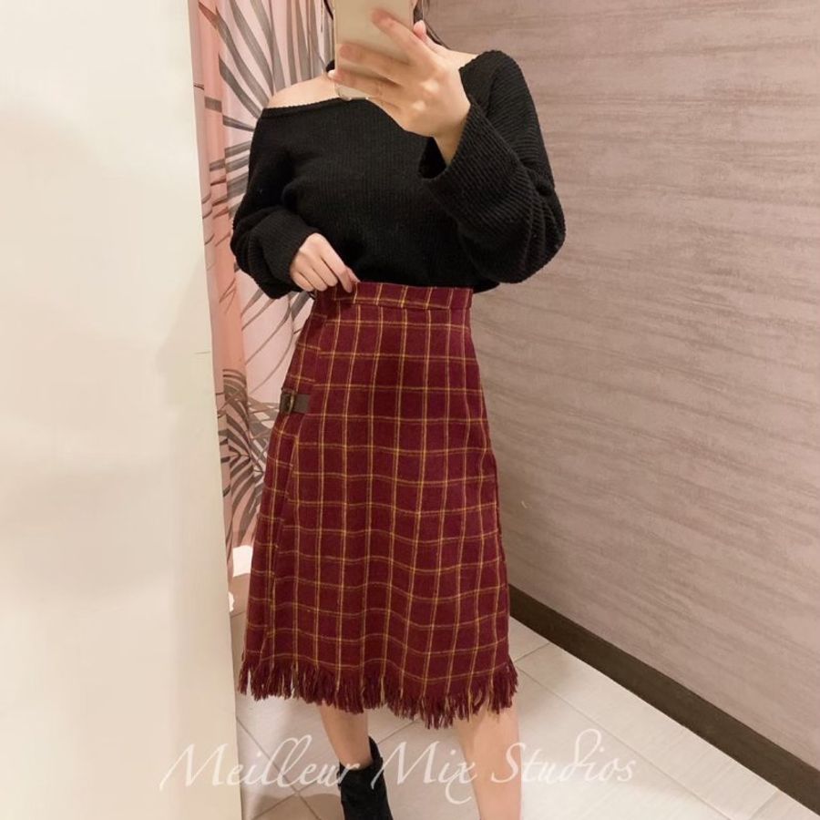 #復古風韓國設計款酒紅格子撞色流蘇長裙-1
