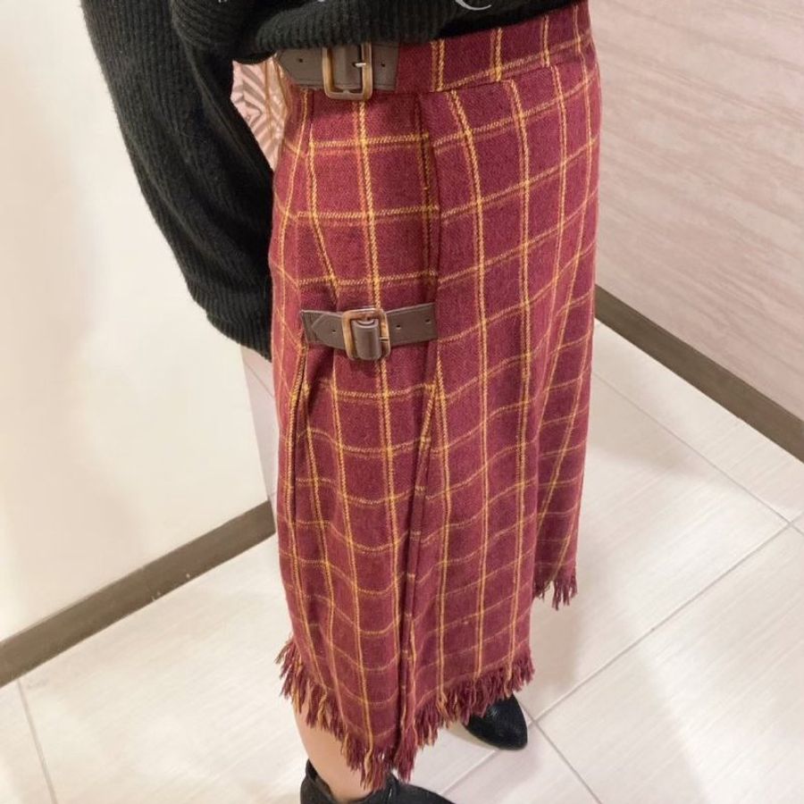 #復古風韓國設計款酒紅格子撞色流蘇長裙-2