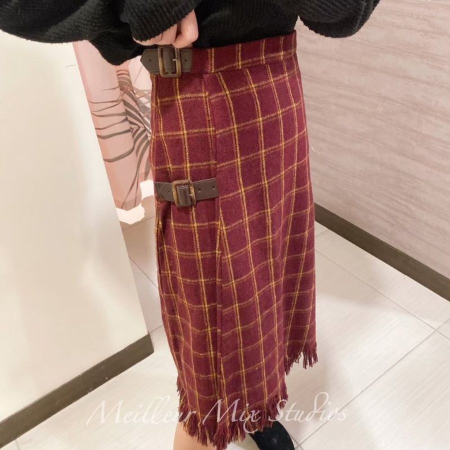 #復古風韓國設計款酒紅格子撞色流蘇長裙-3