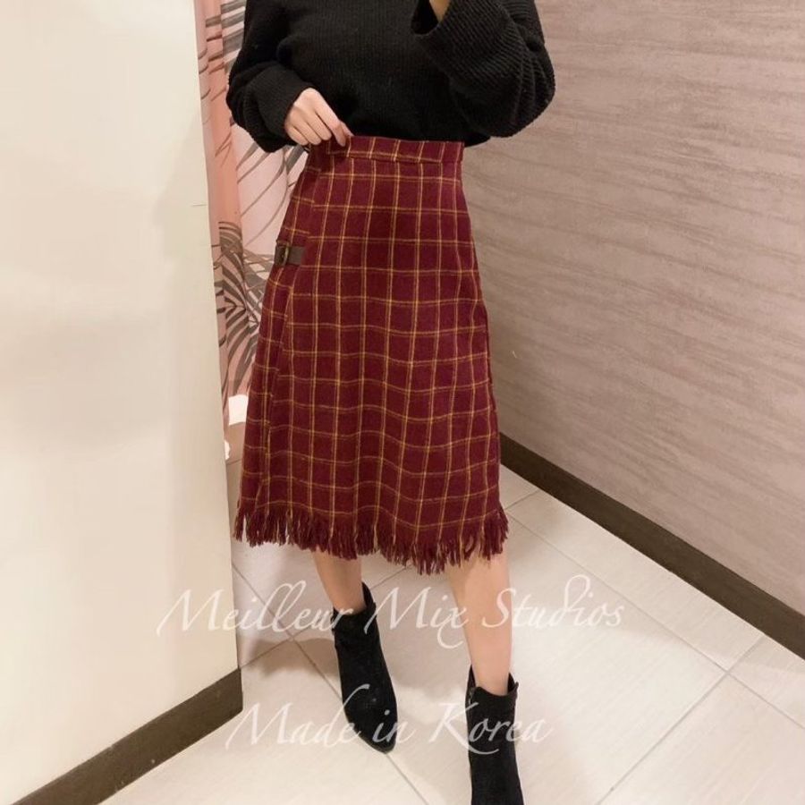 #復古風韓國設計款酒紅格子撞色流蘇長裙-4