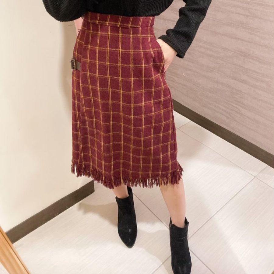 #復古風韓國設計款酒紅格子撞色流蘇長裙-5