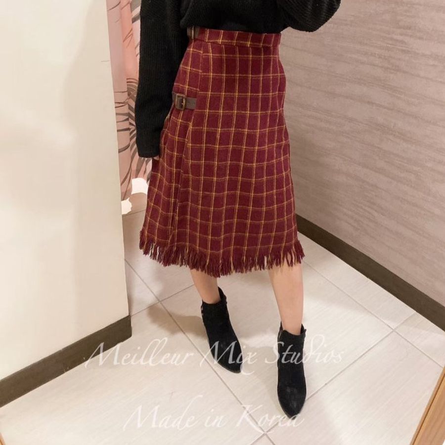 #復古風韓國設計款酒紅格子撞色流蘇長裙-6