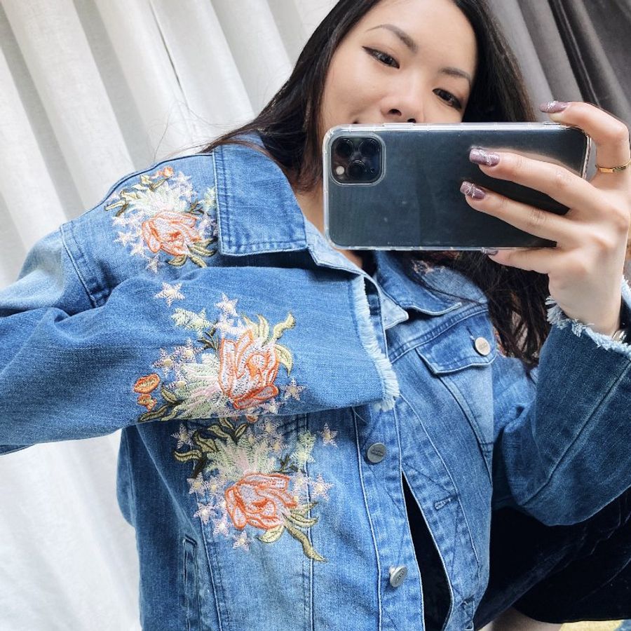 花卉刺繡刷破淺藍浪漫少女 古董古著單寧牛仔外套 vintage-1