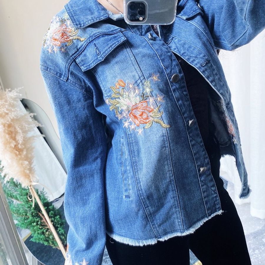 花卉刺繡刷破淺藍浪漫少女 古董古著單寧牛仔外套 vintage-2