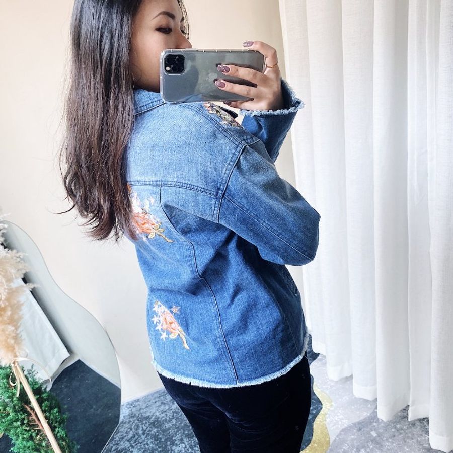 花卉刺繡刷破淺藍浪漫少女 古董古著單寧牛仔外套 vintage-4