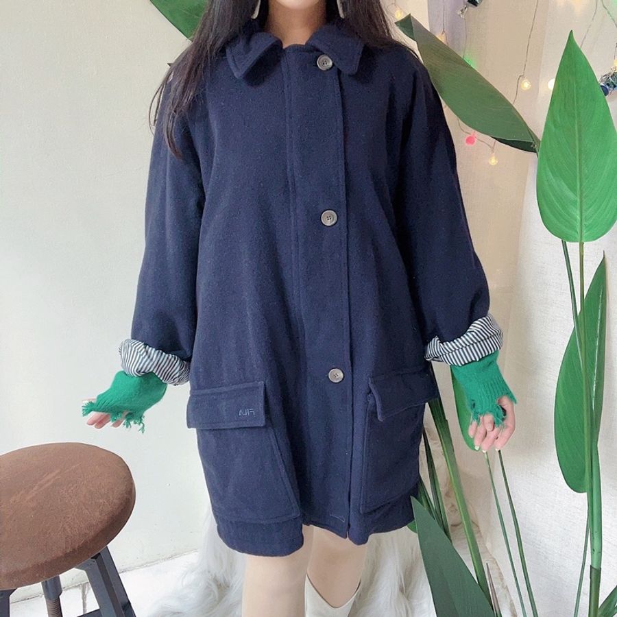 FILA 黑藍色靜謐月色暗夜 羊毛大衣外套 古著古董 vintage-3
