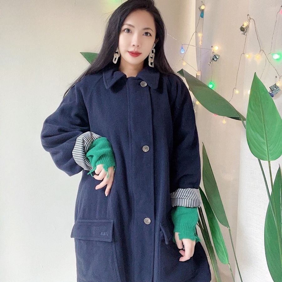 FILA 黑藍色靜謐月色暗夜 羊毛大衣外套 古著古董 vintage-4