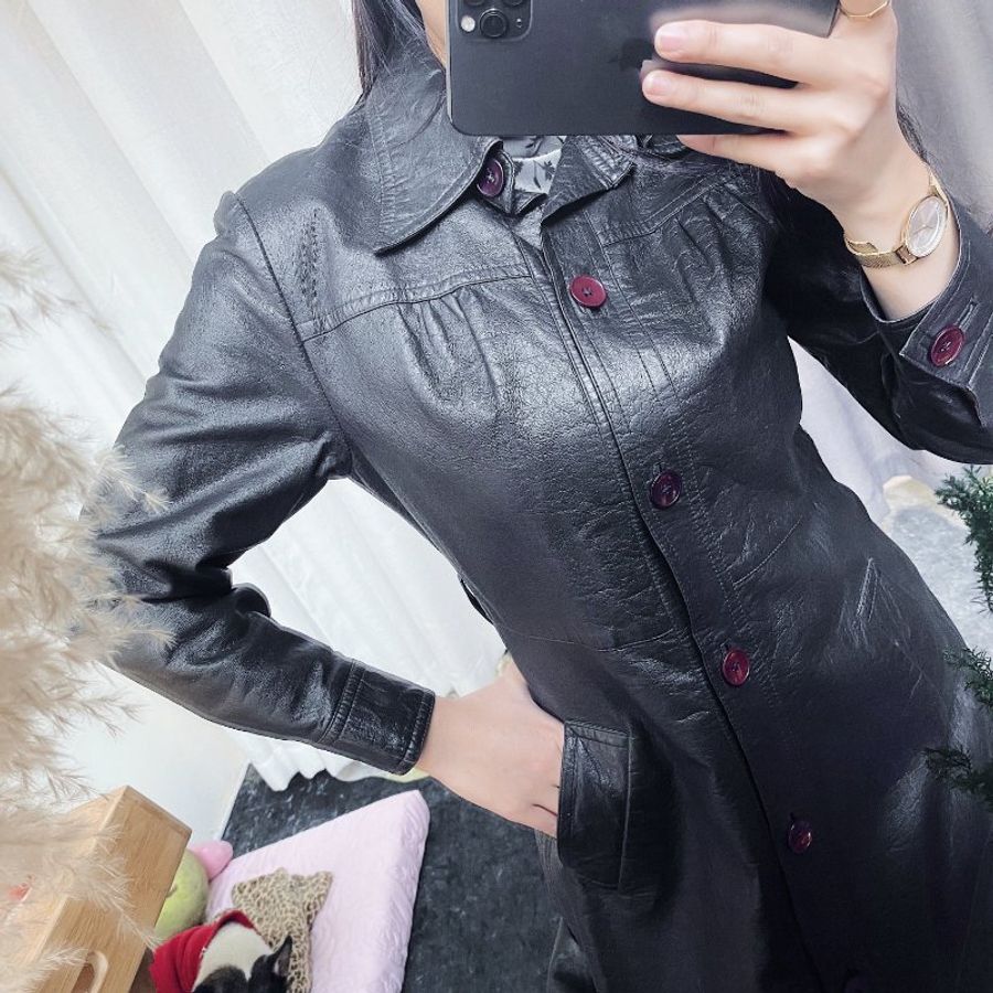 純墨黑經典率性優雅少女 真皮革早期訂製服風衣皮衣洋裝 vintage-12