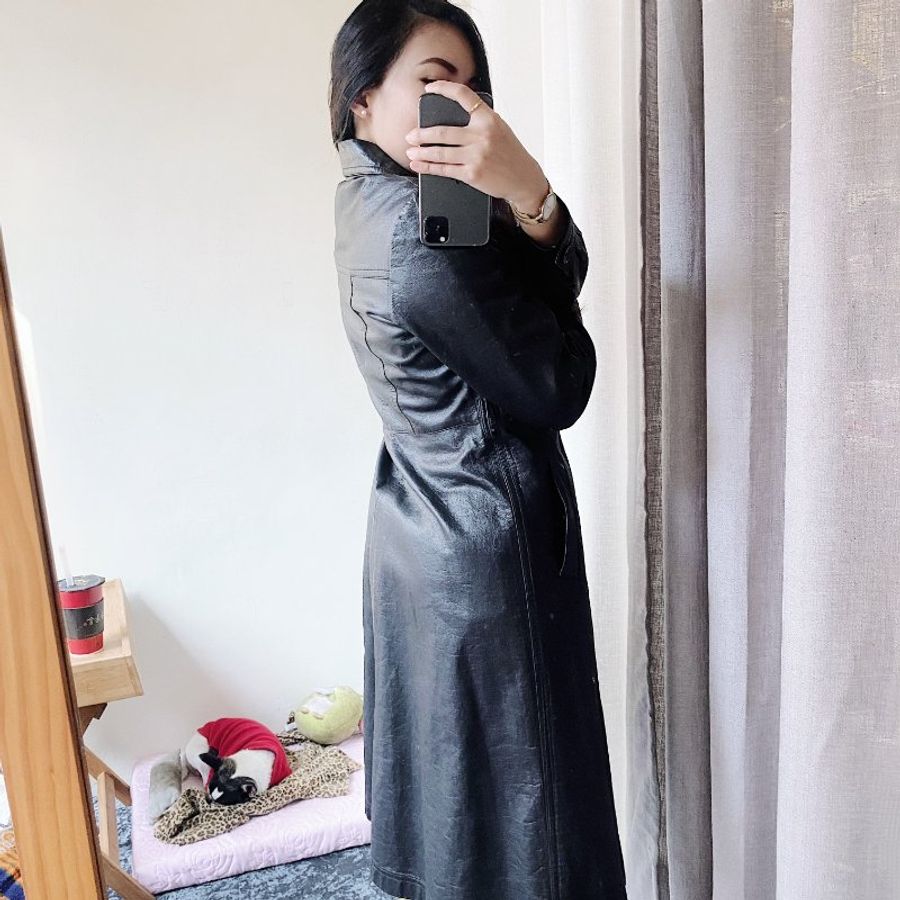 純墨黑經典率性優雅少女 真皮革早期訂製服風衣皮衣洋裝 vintage-14