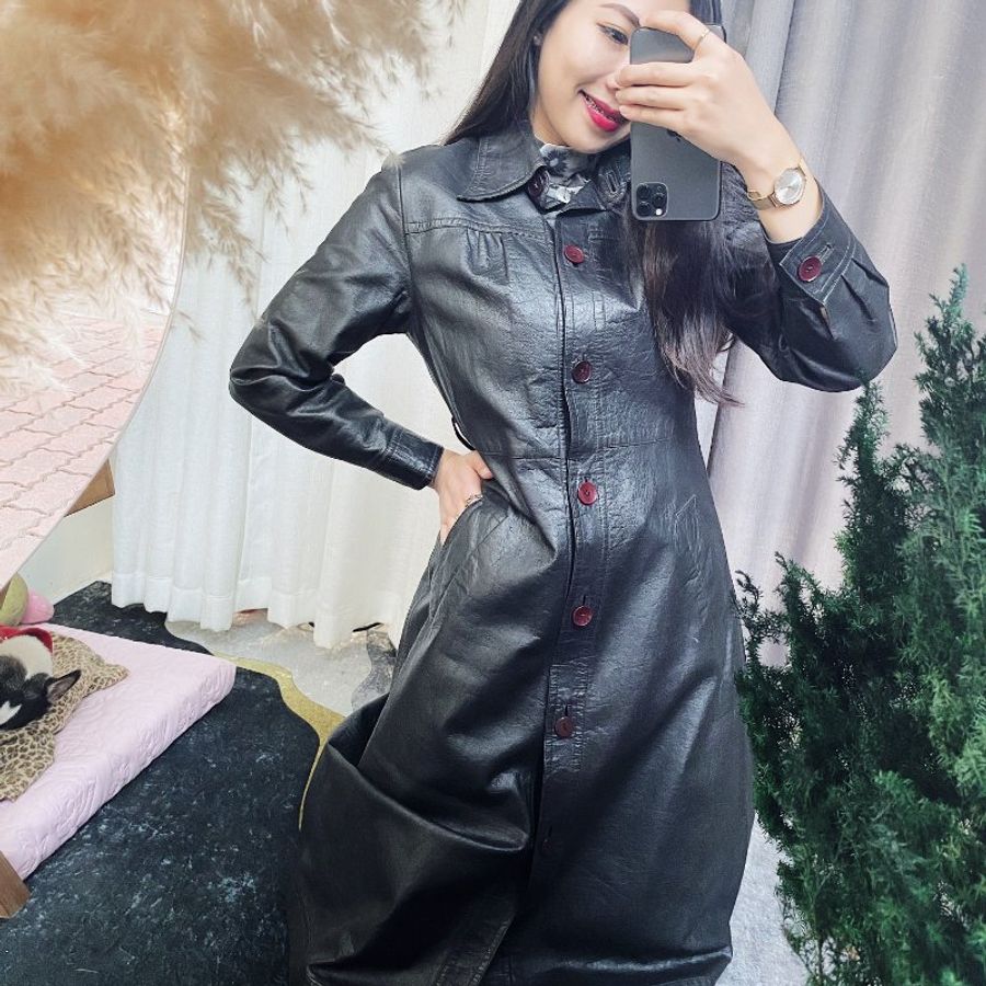 純墨黑經典率性優雅少女 真皮革早期訂製服風衣皮衣洋裝 vintage-16