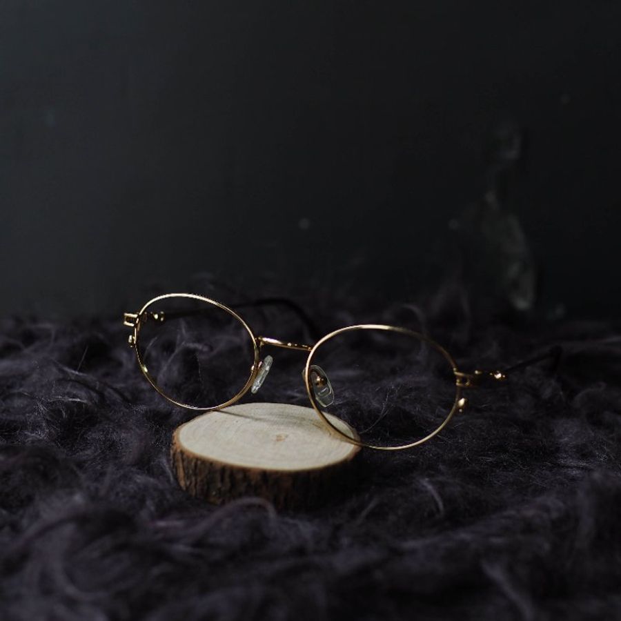 金沙黃太極圓珠簍空橢圓形細框金屬鏡框 古董眼鏡 Italy/glasses-0
