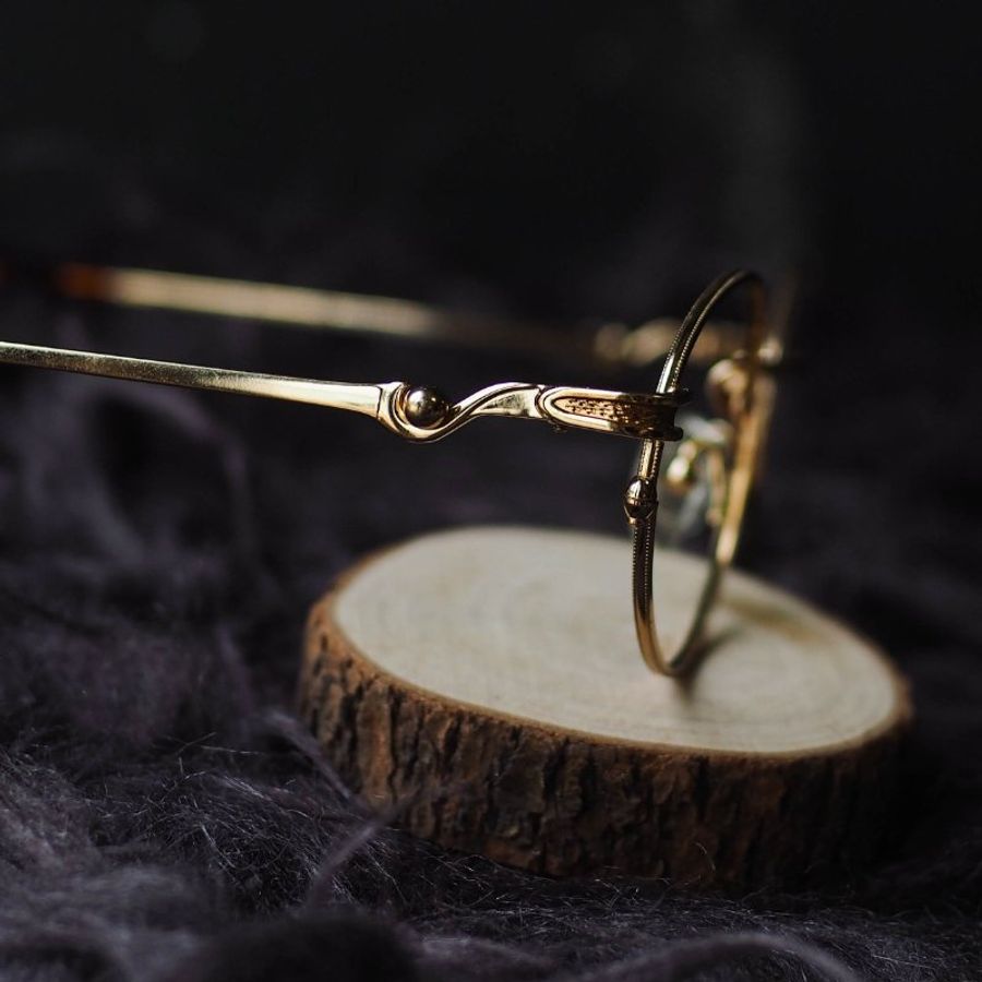 金沙黃太極圓珠簍空橢圓形細框金屬鏡框 古董眼鏡 Italy/glasses-5