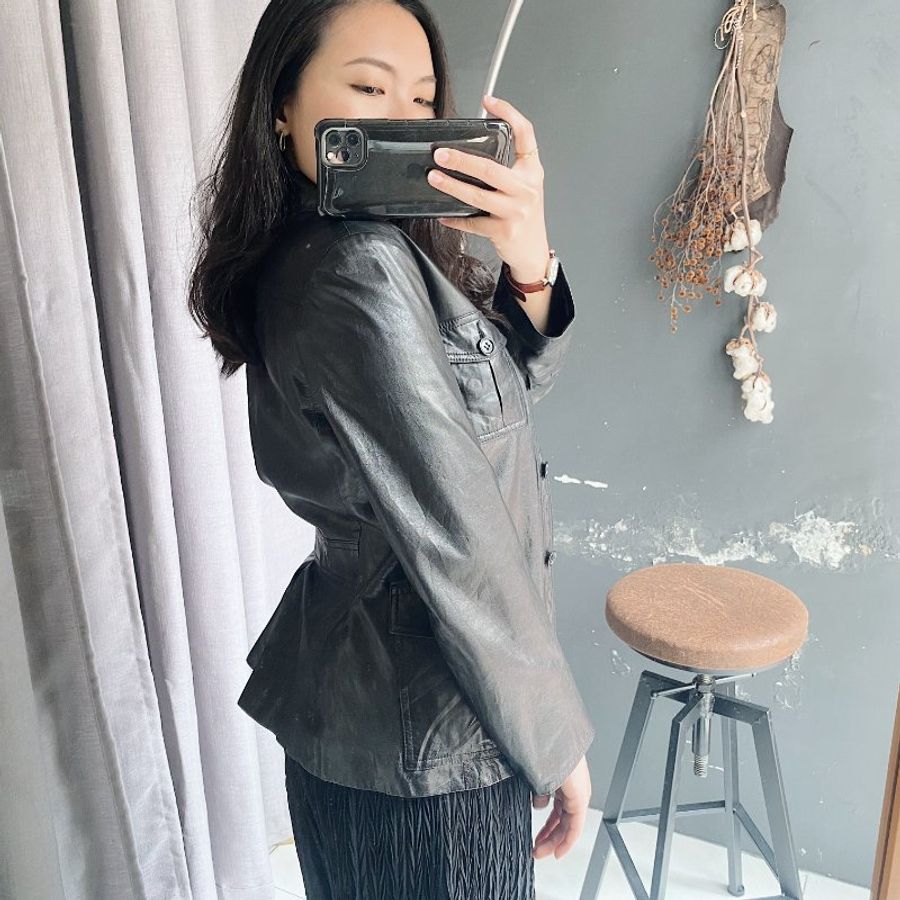 theory亮黑口袋後縮腰皮衣古董牛革真皮襯衫皮外套Leather jacket-9