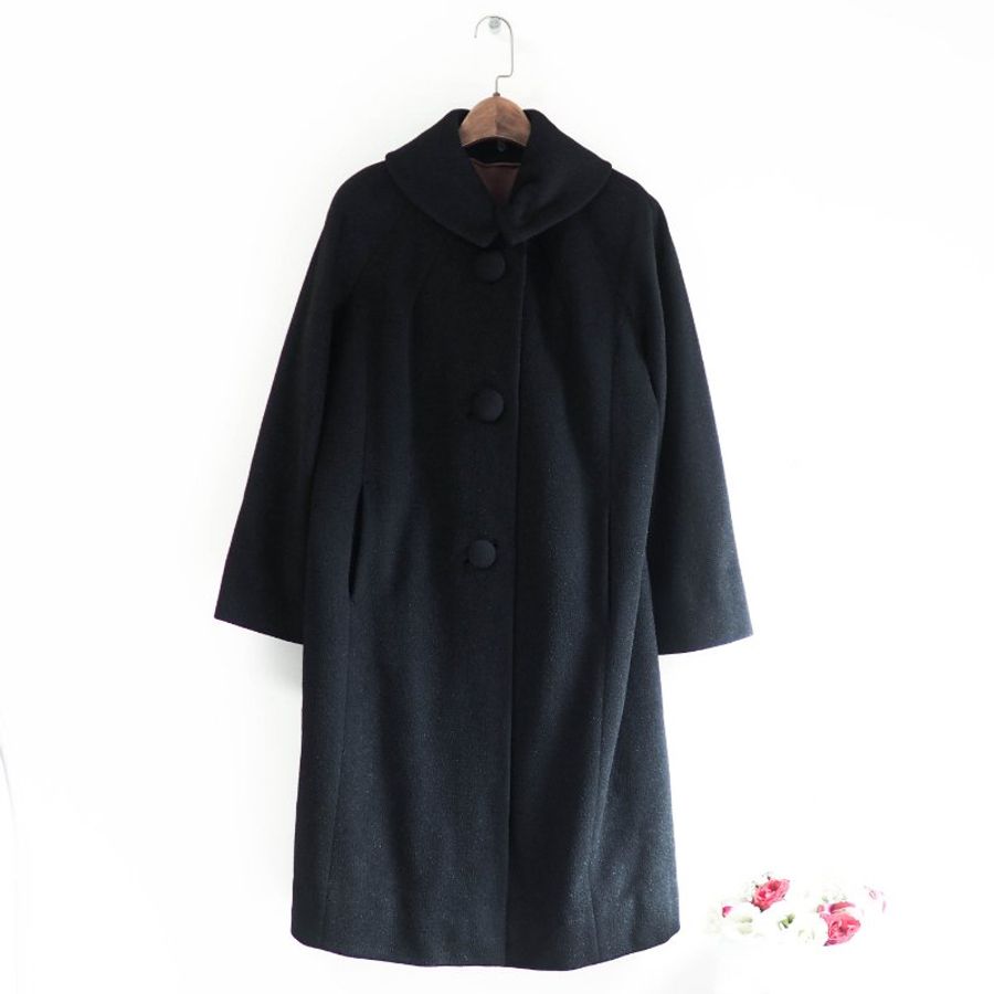 素面墨黑可拆領早期訂製服 古董厚磅長版大衣外套dustcoat jacket-8