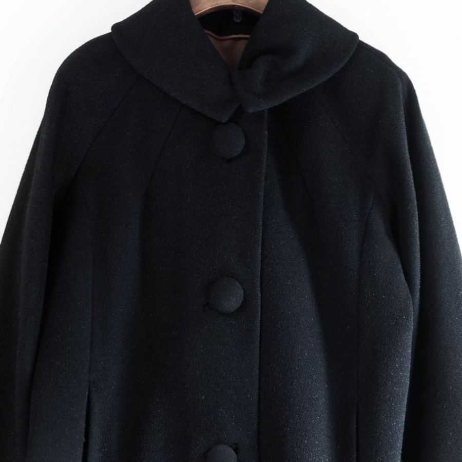 素面墨黑可拆領早期訂製服 古董厚磅長版大衣外套dustcoat jacket-9