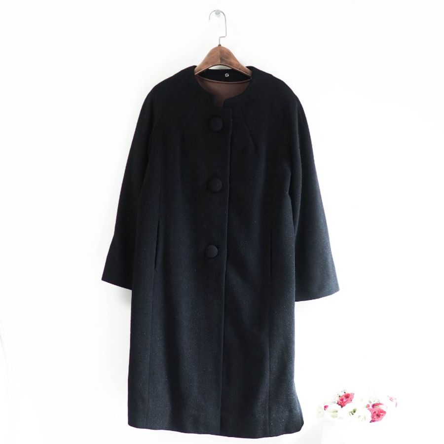 素面墨黑可拆領早期訂製服 古董厚磅長版大衣外套dustcoat jacket-10