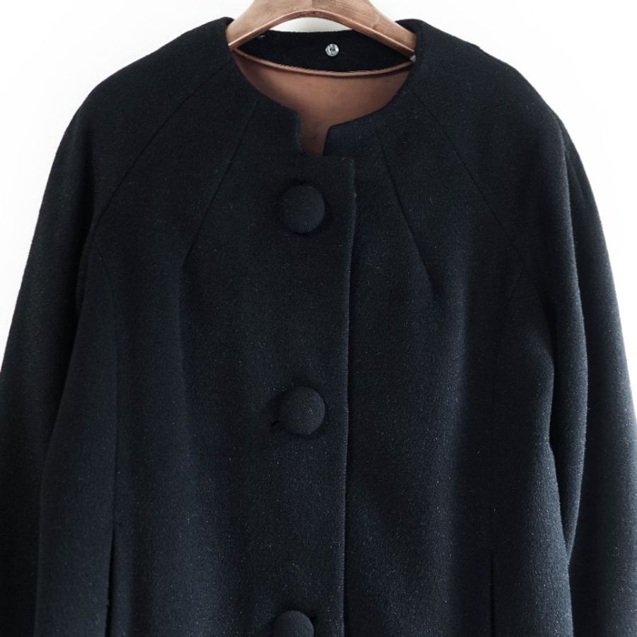 素面墨黑可拆領早期訂製服 古董厚磅長版大衣外套dustcoat jacket-11